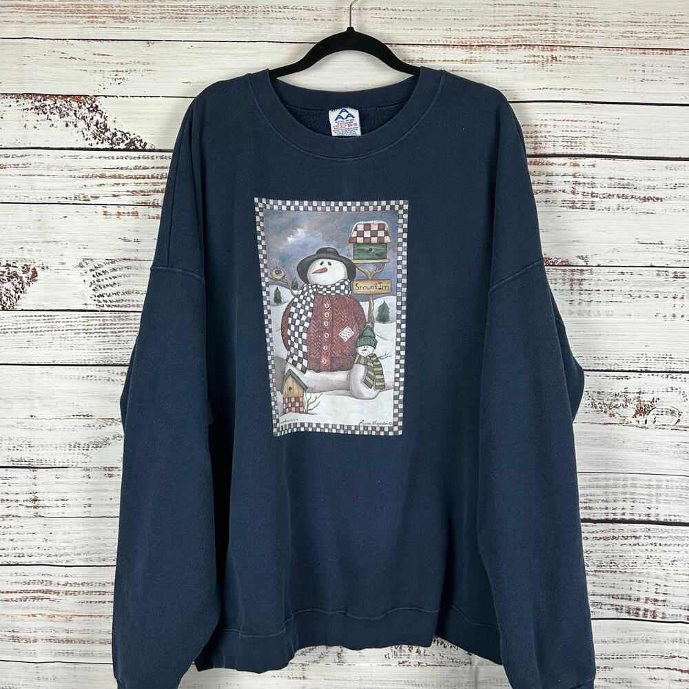 VTG Laurie Korsgadon Navy Blue Snowman Winter Graphic Print Sweatshirt Women 4X